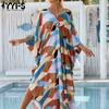 Женская мода отпуск лето весна геометрический цвет блок принт длинный рукав V-образный вырез повседневные платья