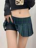 Women's Green Plaid Retro Pleated Mini Skirt, Low-Waist, Slimming, Anti-Exposure, Petite Fit