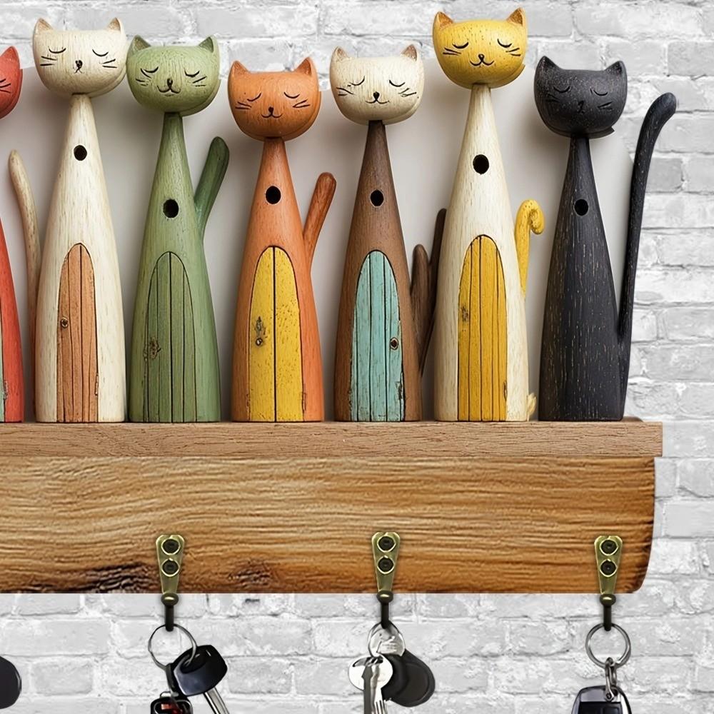 Colorful Cat Pattern Key Hanger Wooden Keychain Holder Useful Wall Key Holder  Porch Decoration