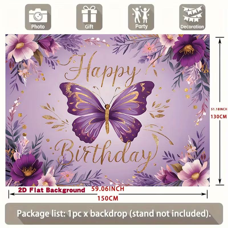 2D Whimsical Purple Butterfly Birthday Backdrop with Flowers Photo Booth Banner