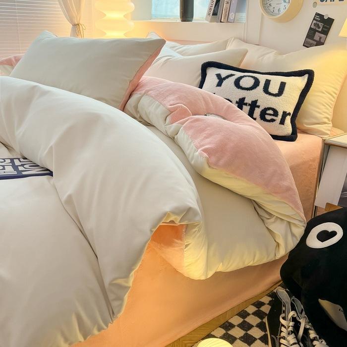 Комплект из четырех предметов из молочного флиса, простыни из стираного хлопка, утолщенный флис, простой полосатый комплект из трех предметов для общежития