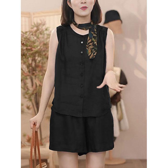 Women's Summer Linen Slimming Two-Piece Set: Sleeveless Sport Shirt & Shorts