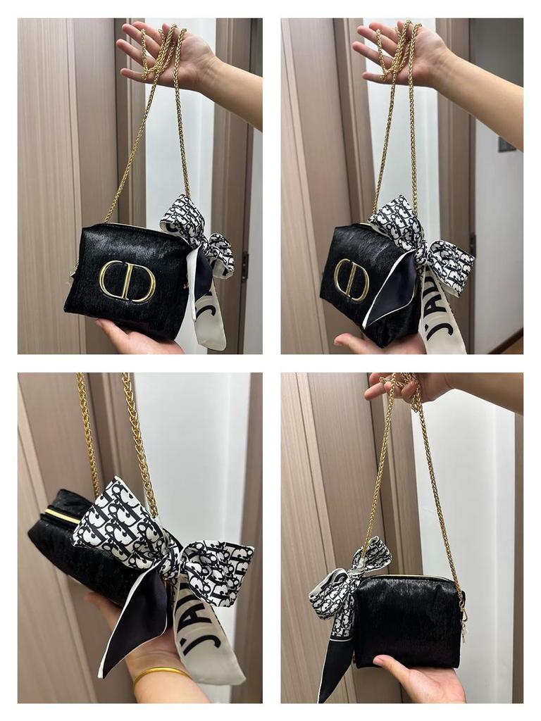 Dior Черная косметичка для макияжа, В комплекте шелковый бант и золотая цепочка-ремень, Преобразуемая женская сумка через плечо/на плечо, Сделай сам
