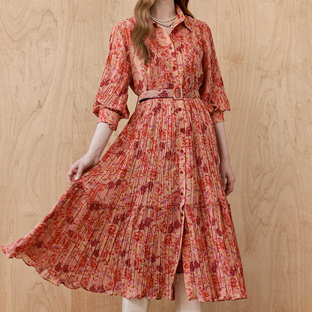 Maja Flower Belted Chiffon Pleated Shirt Dress