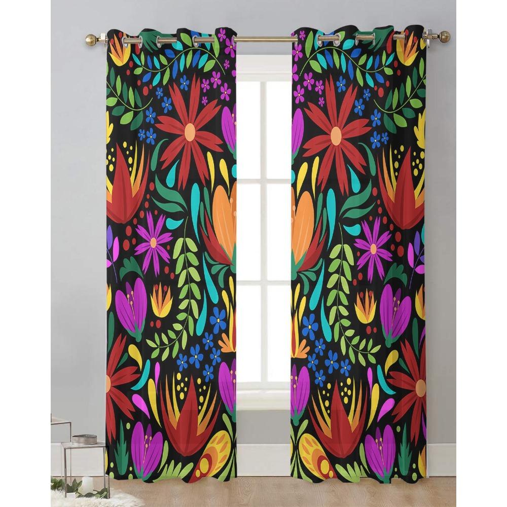 Colorful Mexico Abstract Flower Sheer Curtains for Living Room Decoration Window Curtains Kitchen Tulle Voile Organza Curtains