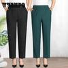 Летние женские брюки, повседневные брюки с девятиточечной прямой трубкой, эластичной резинкой на талии, высокой талией, брюки из ледяного шелка для мам, тонкие брюки для среднего и пожилого возраста