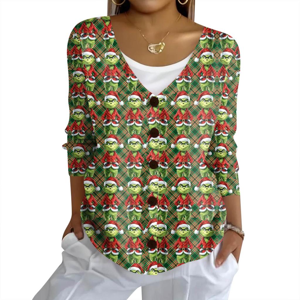 Women's Fashion Casual Knit Sweater Button-Up Christmas Print Cardigan Jacket