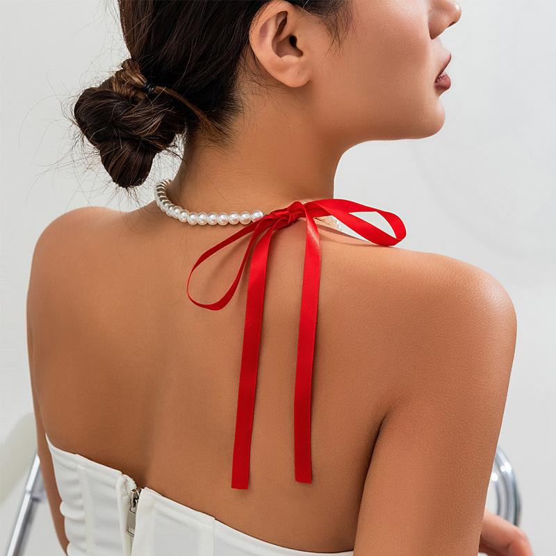 Women Ribbon Clavicle Chain Choker Imitation Elegant Y2K Bowknot Necklace Pearl Sweet Goth Black Accessories