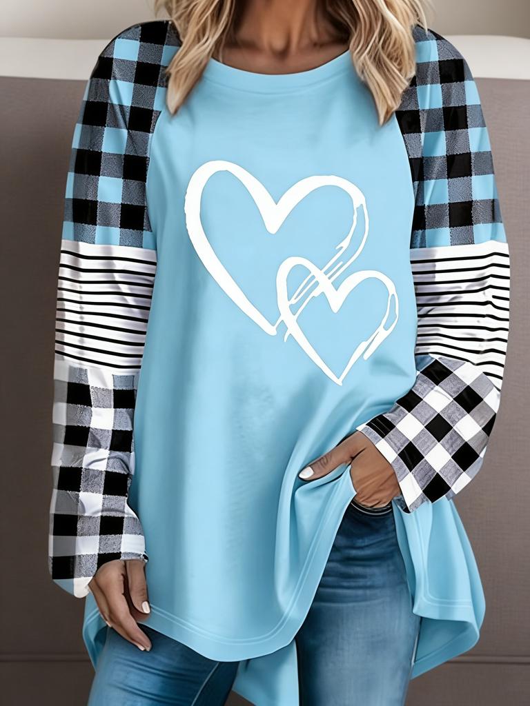 Women's Casual Long-sleeved T-shirt with a Heart-shaped Pattern, Made of Polyester Knitted Fabric, Round Neck Design, Autumn and Winter Series