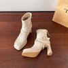 Square head two wearing boots female thin waterproof platform thick-soled high-heeled short boots female autumn and winter thick-heeled thin boots