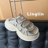 Leather thick-bottomed muffin open-toed cool slippers for women's outerwear 2025 summer new slack muller dad half slippers