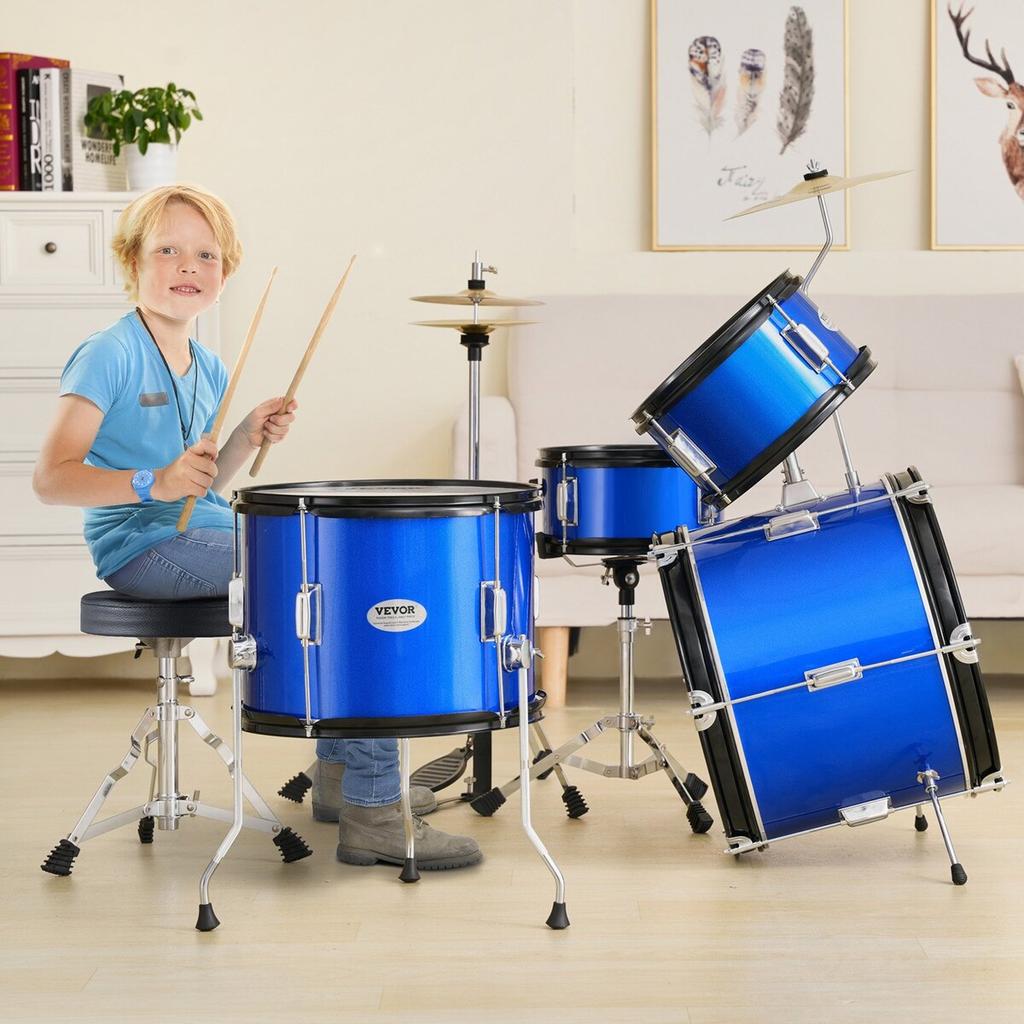 Kids Drum Set 5-Piece 16 in Beginner Children Drum Set with Throne Blue