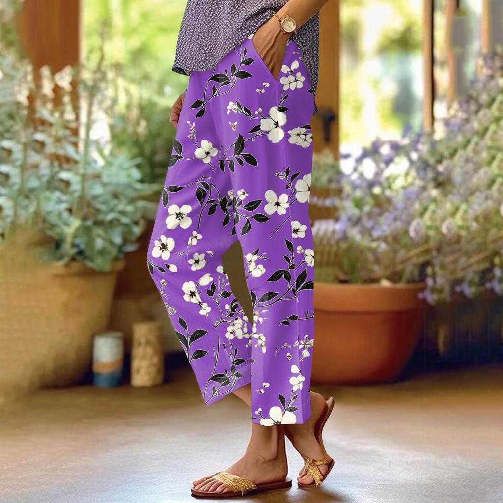 Women's Fashionable Floral Print Straight Leg Pocket Elastic Waist Casual Pants Pants