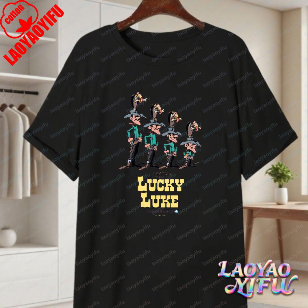 Lucky Luke Full Cast Print Casual Tops Playful Western Cartoon Cotton Tee Funny Vintage Classic Anime Shirt Trend Unisexs Clothing