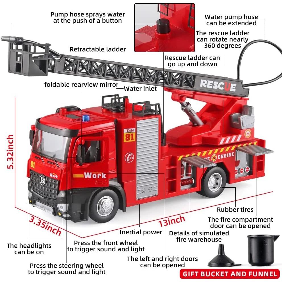 Игрушечная пожарная машина в масштабе 1/24 с металлической кабиной, световой и звуковой сиреной, рабочим водяным насосом и выдвижной вращающейся спасательной лестницей, игрушкой с фрикционным приводом