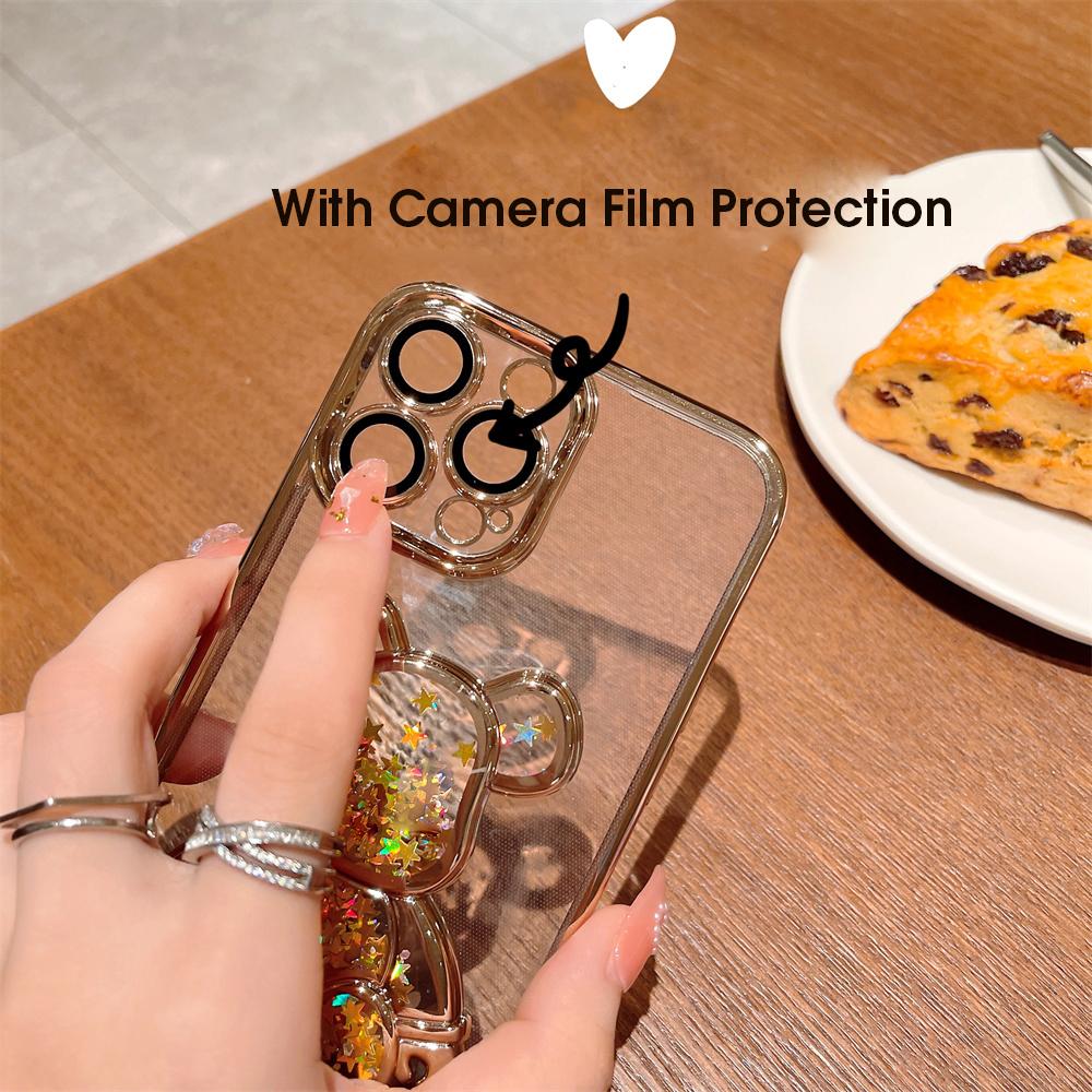 Чехол-брелок с блестками и мишкой для For Iphone 14 16 17 Pro Max 1 Plus Милые гальванические чехлы для For Iphone 1 12 13 11 ProMax