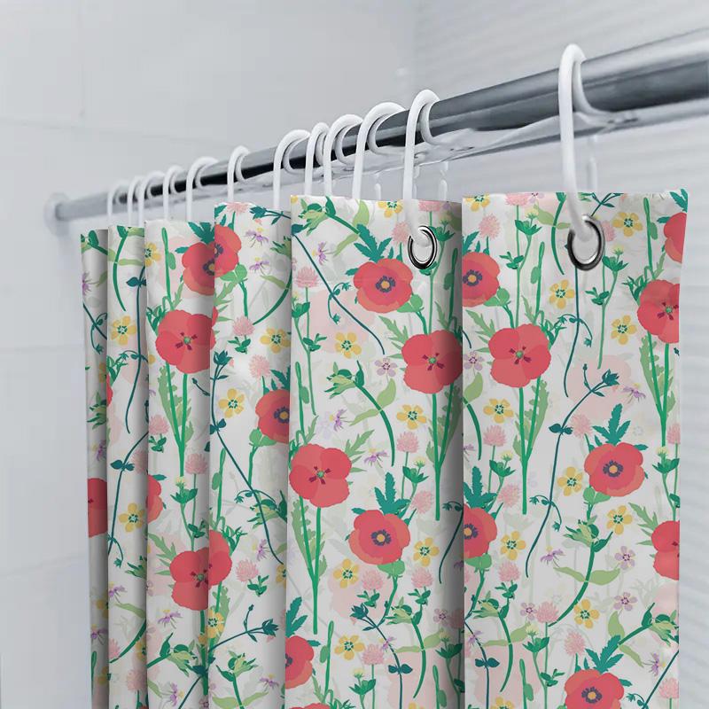 Delightful Floral Shower Curtain Red Poppy Yellow Bloom Pattern Bath Decor Waterproof Fabric with Hook Rings for Home Bathroom