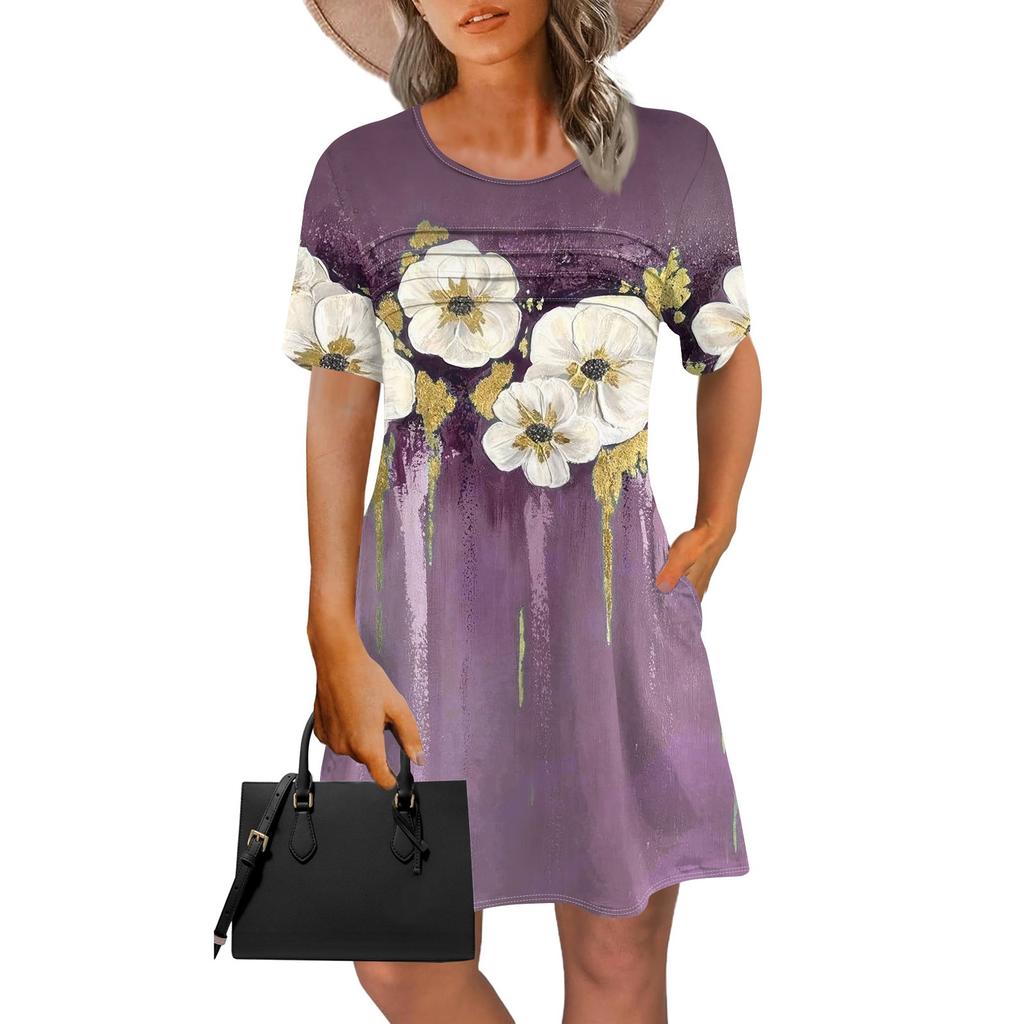 Женское летнее винтажное платье с цветочным принтом, повседневное платье с коротким рукавом и круглым карманом