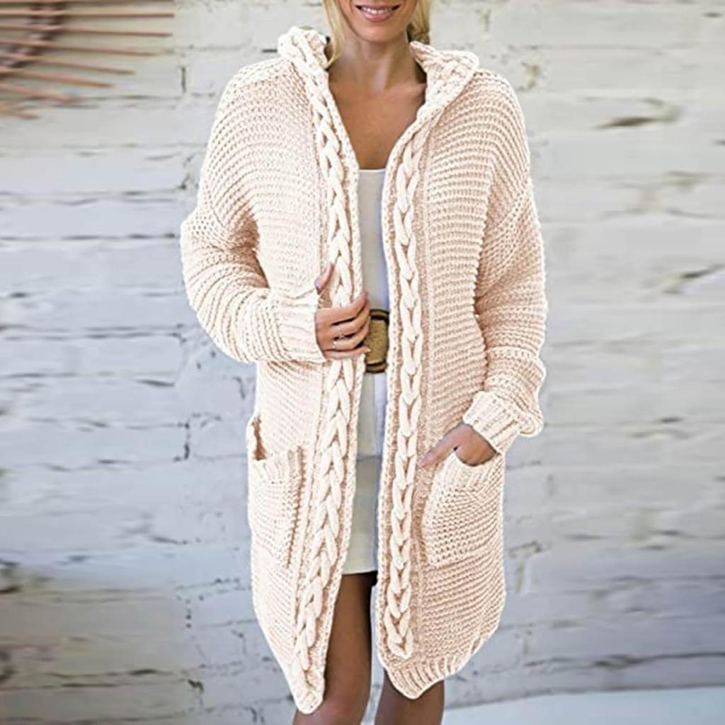 Женский осенне-зимний однотонный свободный вязаный свитер с карманом и капюшоном