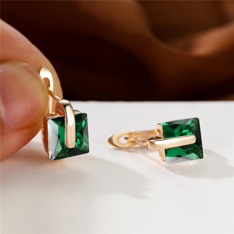 Cute Female Bridal Gold Color Wedding Clip Earrings Luxury Crystal Green Square Stone Jewelry For Women