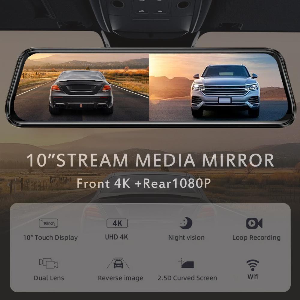 4K WiFi зеркало видеорегистратор, зеркало заднего вида спереди и сзади WDR автомобильная камера с 10-дюймовым сенсорным экраном IPS, приложение, ночное видение, помощь при парковке