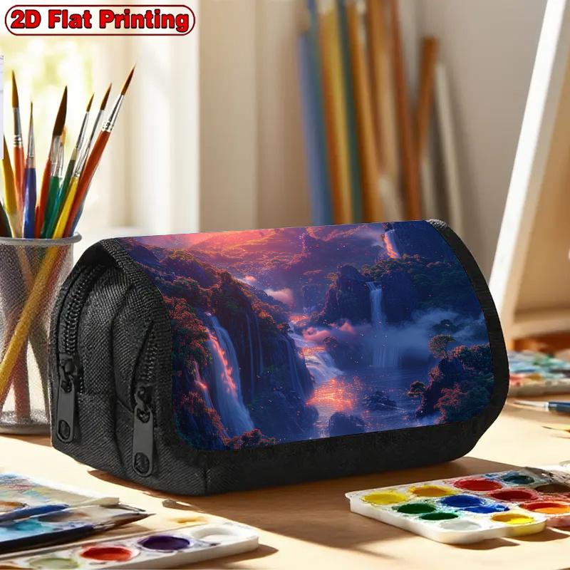 1pc Waterfall Sunset Design Double Layer Flip Pencil Case-Multi Layer Flip Cover Design, Storage Bag, Zipper Closure, Suitable for Schools, Offices, A