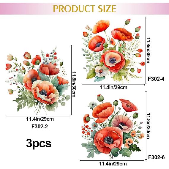 3Pcs Red 3D Poppy Flowers Toilet Seat Wall Sticker Self-Adhesive DIY Removable Watercolor Bouquet Toilets Stickers for Cistern Bathroom WC Restroom