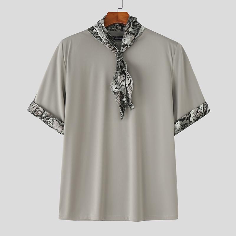 INCERUN Мужские футболки с коротким рукавом на завязках, повседневные топы с леопардовой строчкой