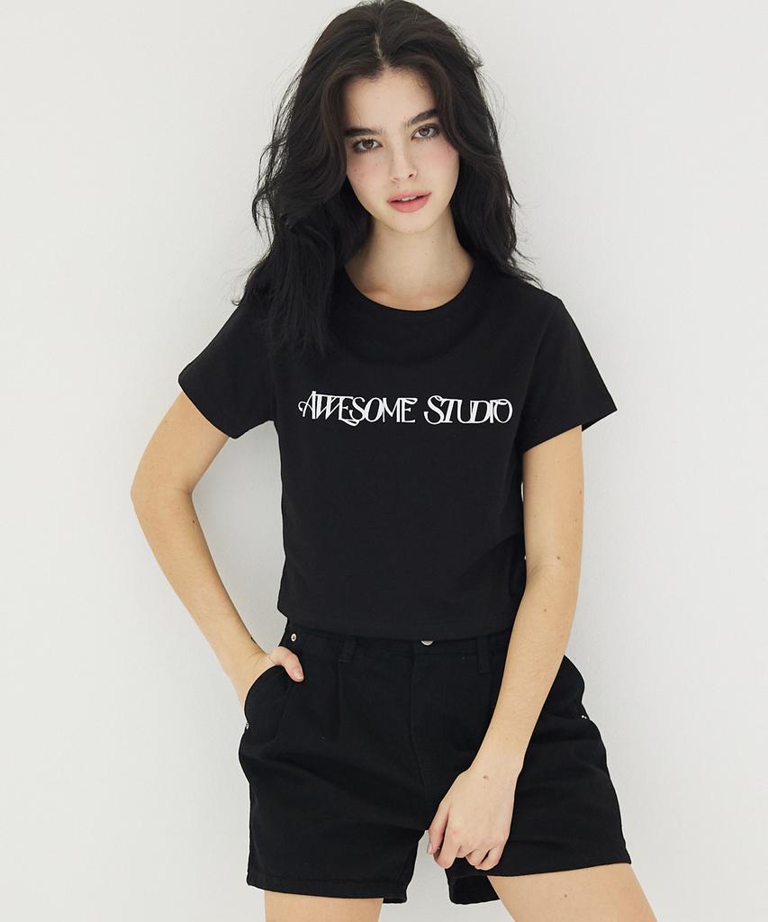 AWESOME STUDIO Awesome Logo Crop Slim Fit Short Sleeve T-Shirt Black