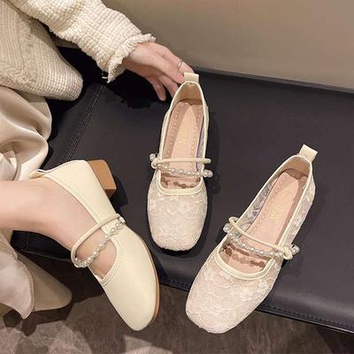 Туфли Мэри Джейн женские туфли лето 2025 новые модели с юбками квадратный носок низкий каблук мелкий вырез одинарные туфли