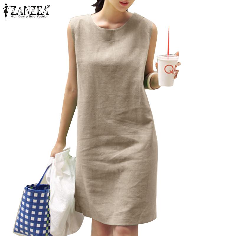 ZANZEA Женское летнее хлопковое платье-майка без рукавов с круглым вырезом