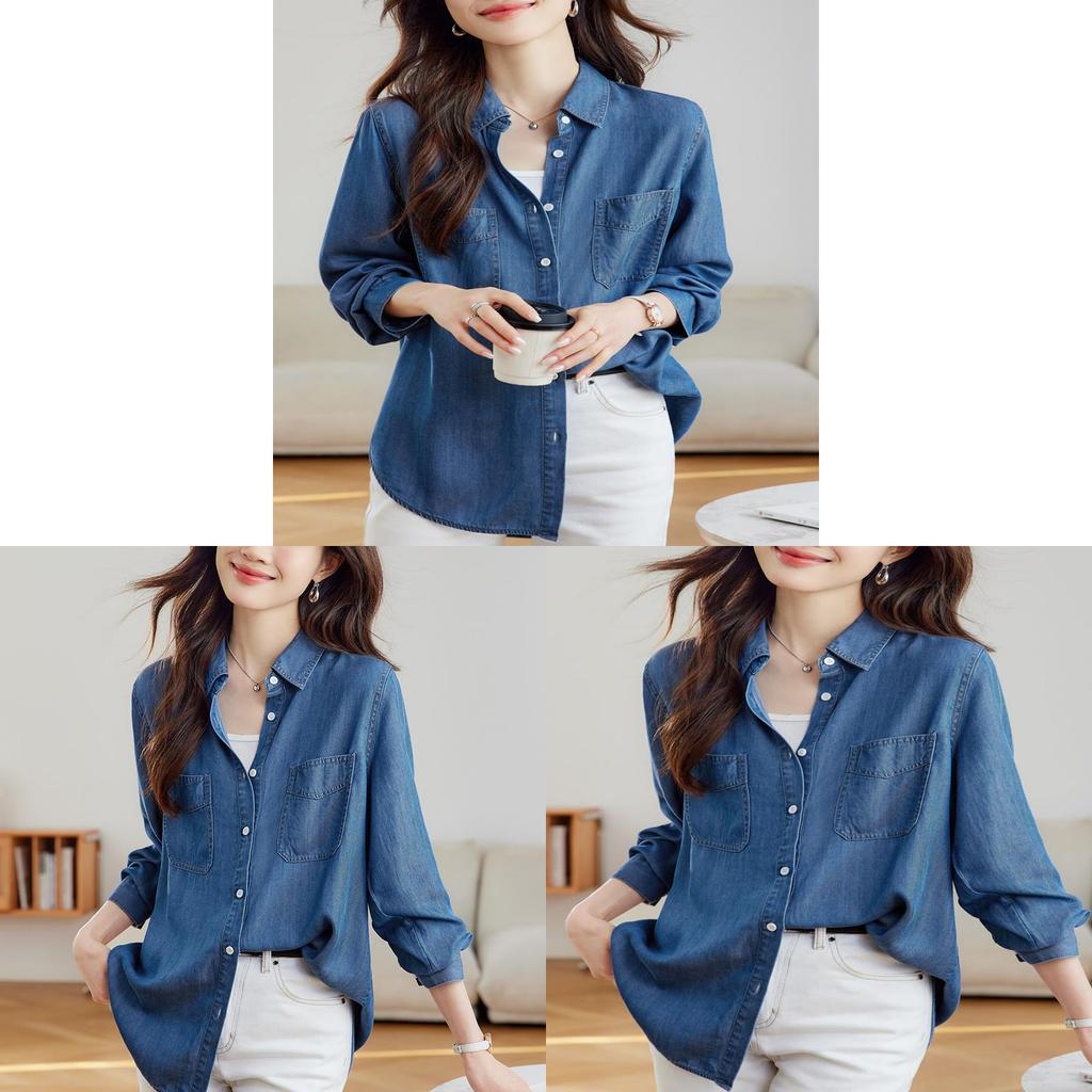 Tencel Denim Blue Shirt For Women Long Sleeve Casual Office Wear With Wrinklefree Technology