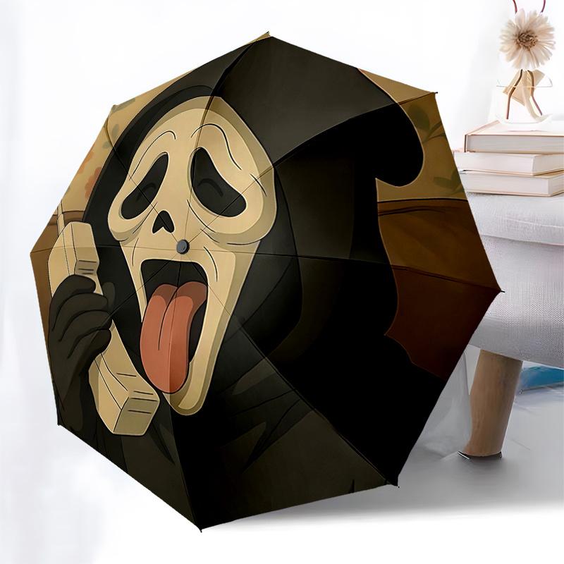 Scream Mask with Floral Print - Automatic Opening Folding Umbrella, 8-Bone Iron Frame, Outdoor Rain Gear, Festival Gift for Fans and Travele