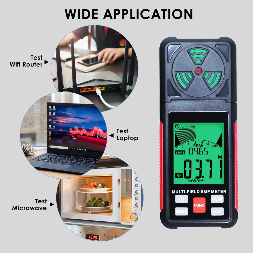 Portable Electromagnetic Radiation Detector WiFi Bluetooth Signal Detection Handheld EMF Tester with Digital LCD Alarm for Outdoor 3-in-1 Home,