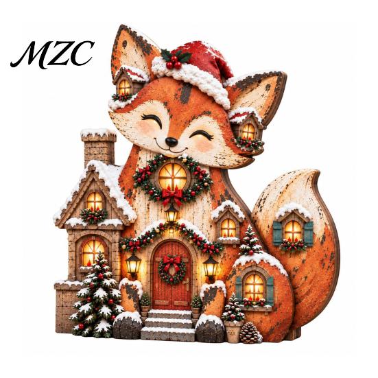 Christmas Tabletop Decor Wooden Fox Village House Table Ornament, Wood Block Holiday Home Decorations Centerpiece for Farmhouse Winter Desktop, Tiered