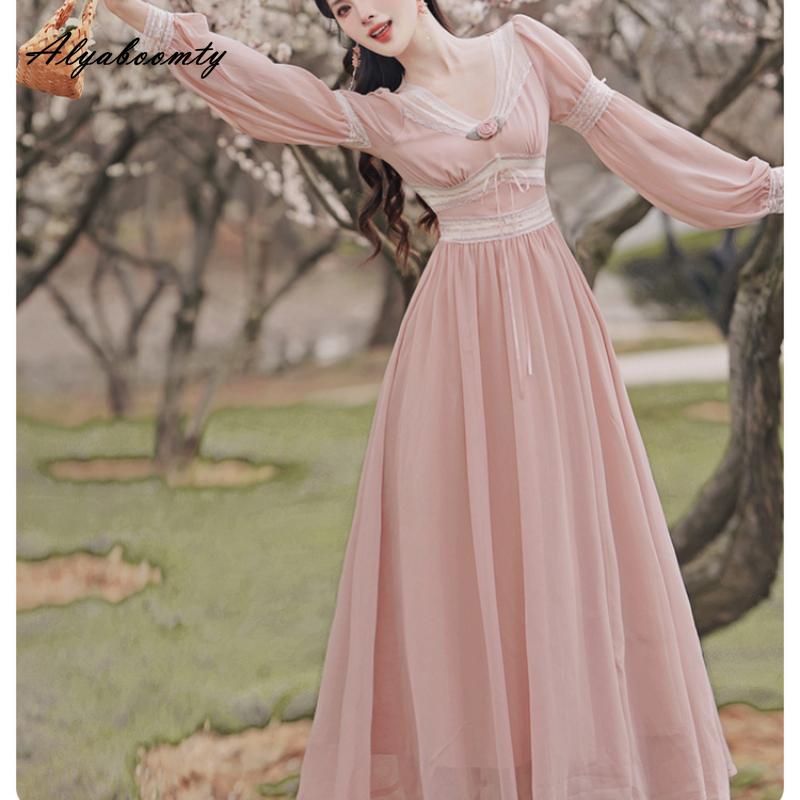 Весенне-осеннее женское сказочное розовое платье миди с v-образным вырезом, кружевное лоскутное платье с бантом и цветочным принтом, элегантное женское шифоновое платье трапециевидной формы