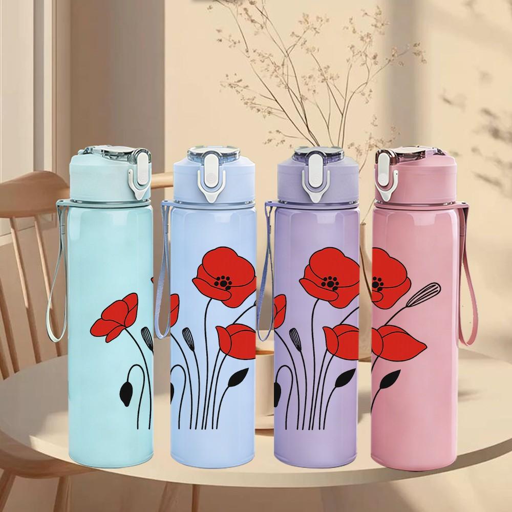 1PC Red Poppy Flower Bouquet 750ml Color Plastic Sports Water Bottle Leakproof Flip Straw Lid Suitable for Sports Office Home Use