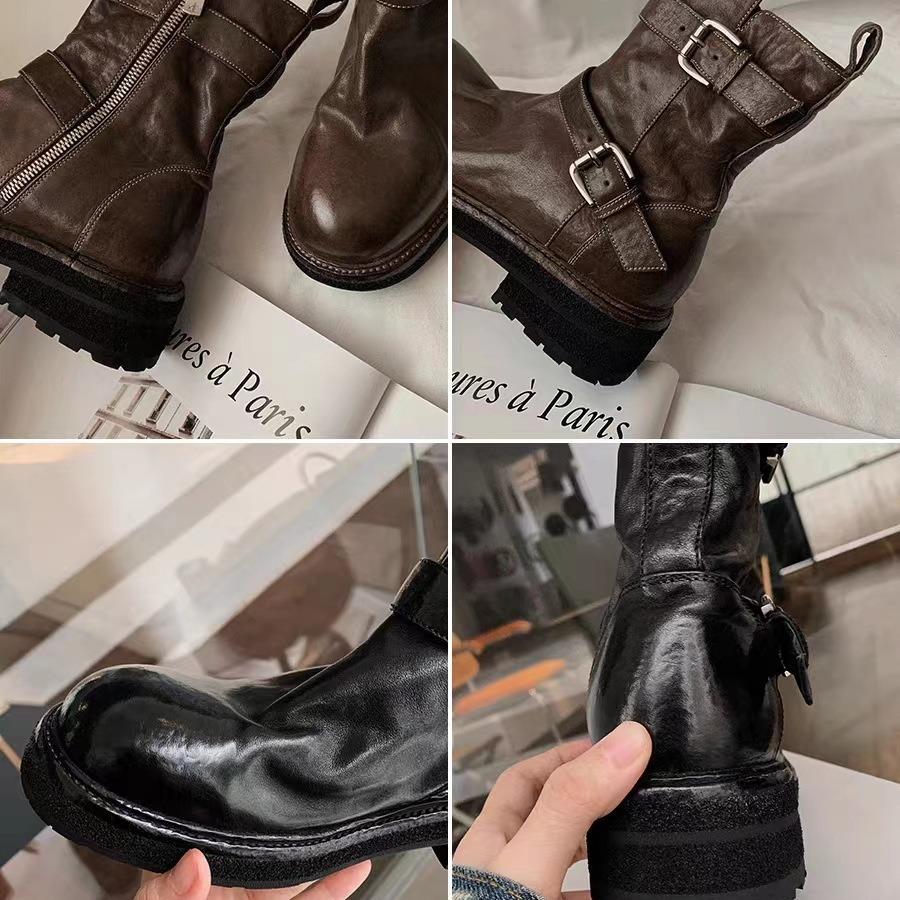 Ежегодные боевые ботинки Grape Mom в том же стиле~ Усадка после стирки, конская кожа, ремень с пряжкой, толстый каблук, ботинки-мартин до середины икры, женские, в стиле локомотива