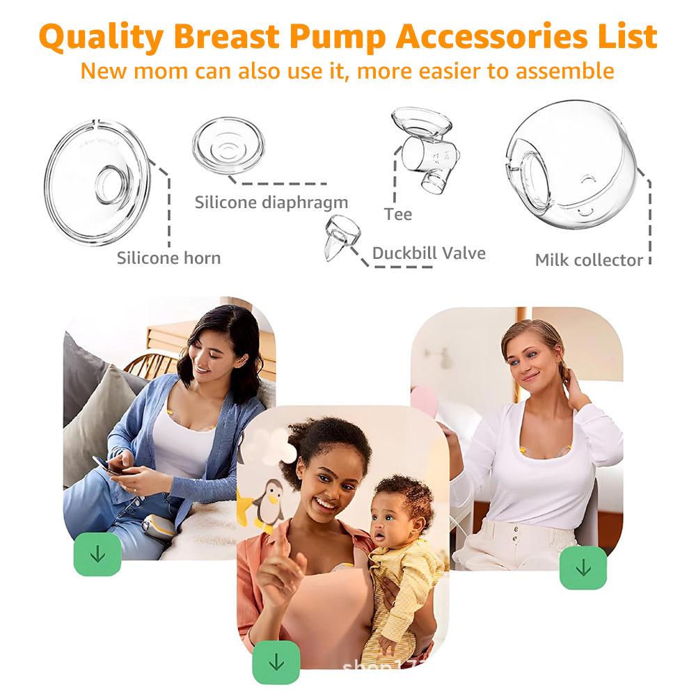 Силиконовый набор аксессуаров для молокоотсоса: Фланец, Диафрагма, Клапан-уточка, Т-образный коннектор, Пылезащитный колпачок, Бутылочка для молока.