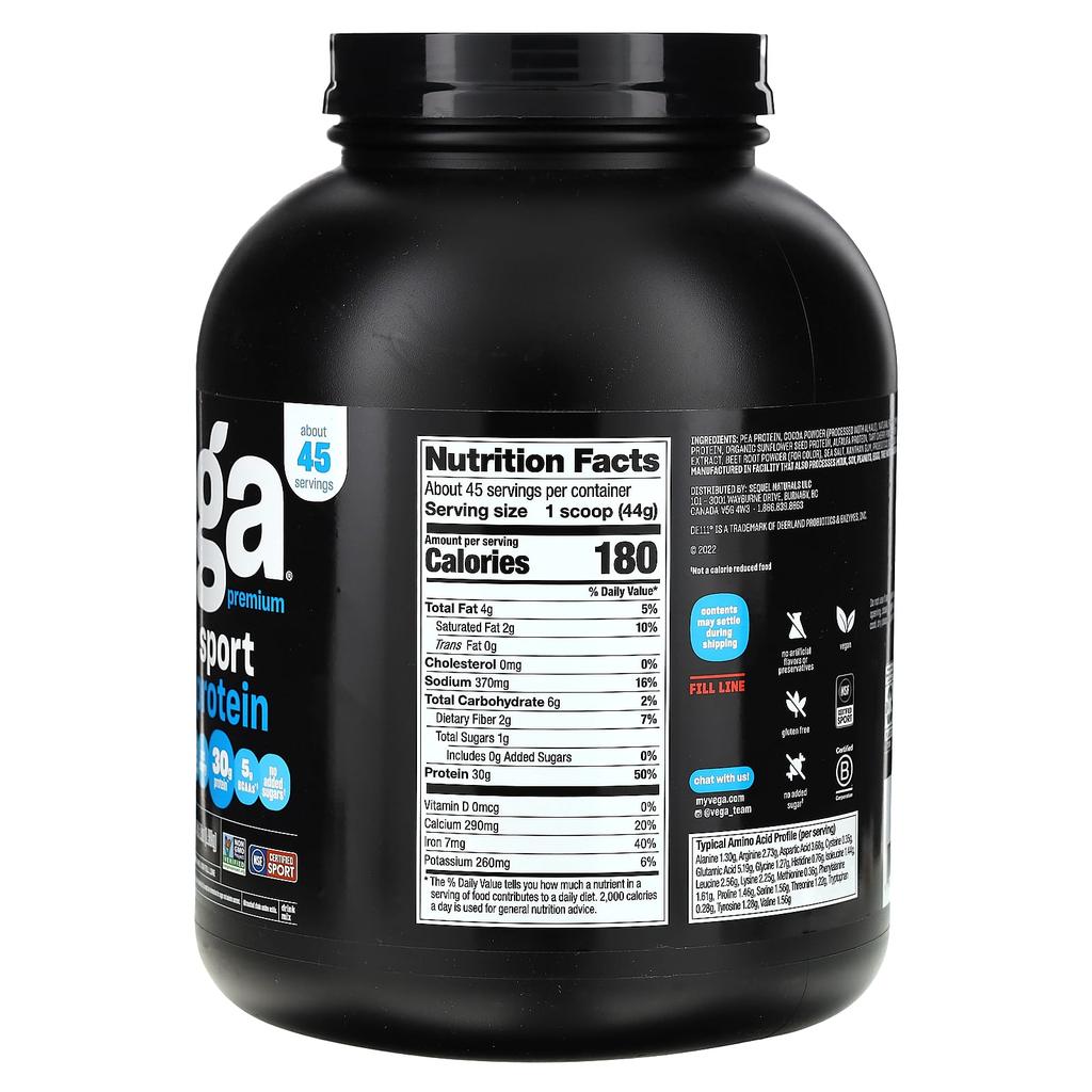 Vega Sport, Plant-Based Premium Protein, Chocolate, 4 Lb 5.9 Oz (1.98 Kg)