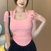 Футболка с двумя поддельными нерегулярными вырезами и бретельками для женщин, летняя, короткая, облегающая, с короткими рукавами, розового цвета, новый однотонный топ