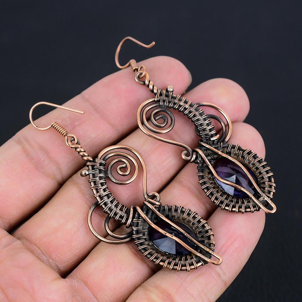 Серьги с аметистом, ювелирные изделия из драгоценных камней, серьги, обмотанные медной проволокой 999 пробы, подарок для женщин, серьги ручной работы