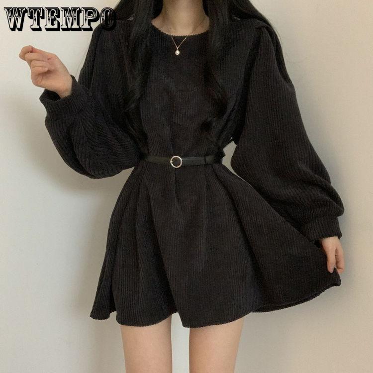 Женский темперамент, чистое желание, ветер, сплошной цвет, рукав-фонарь, трапециевидное платье, ретро-дизайн, ниша, вельветовые платья с длинным рукавом и поясом