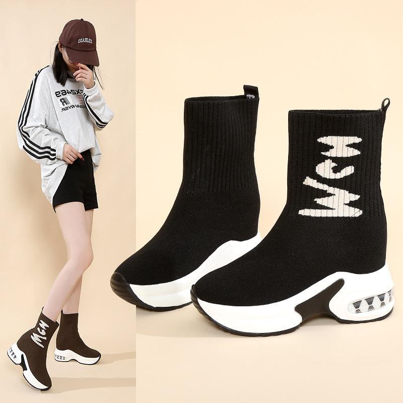 Большого размера тонкие ботинки для женской осени и зимы, новые, из мухоткани, высокие, эластичные, на толстой подошве-маффине, женские короткие ботинки на одной педали