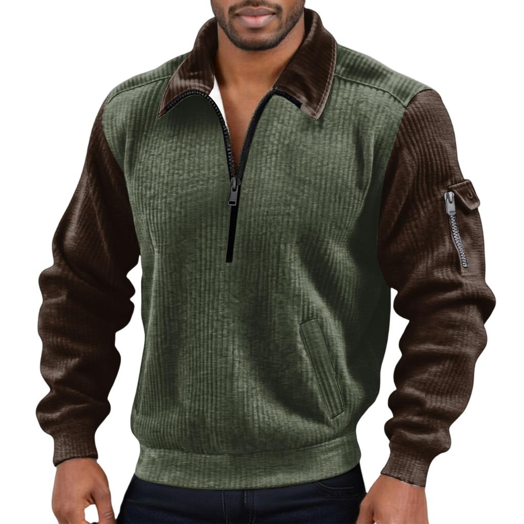 Men's Solid Color Corduroy Zipper Neck Long Sleeve Top Men's Casual Lapel Top