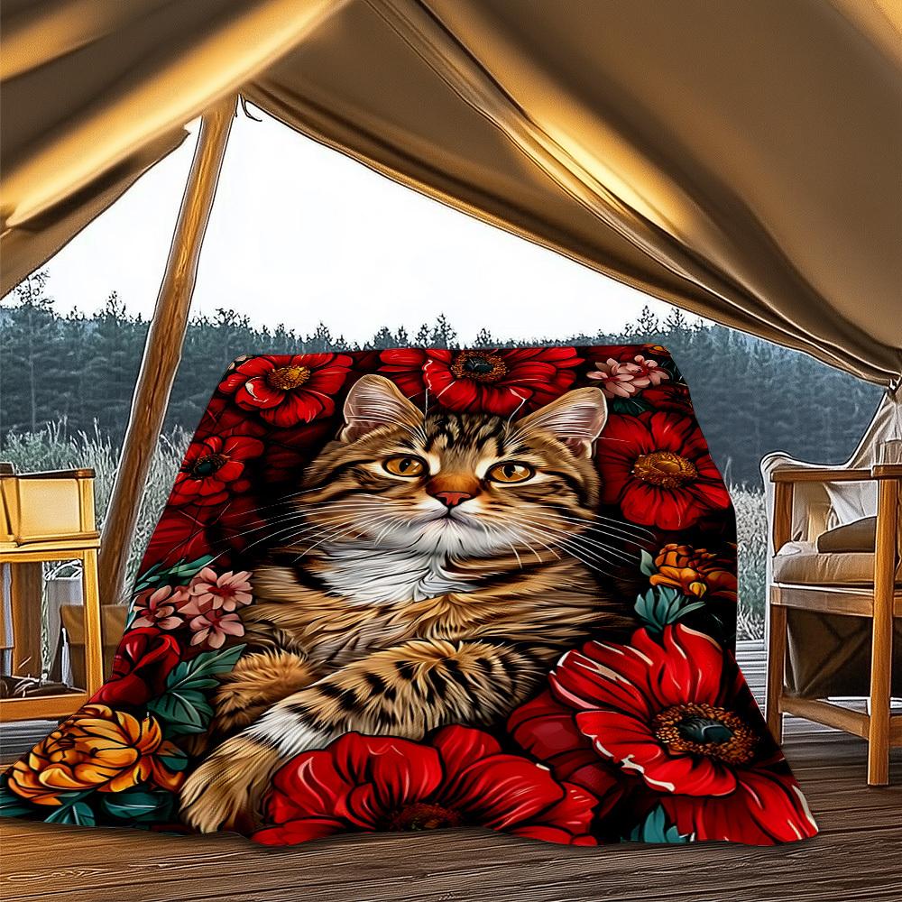 1 шт. Кот Цветочный Принт Принт Уличный Плед, Легкий Полиэстер,