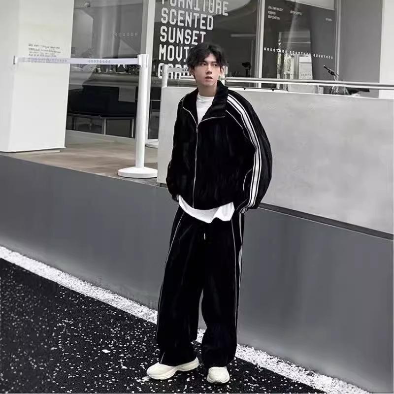 Осенний стильный полосатый свитшот из золотого бархата, спортивный костюм из двух частей для пар для мужчин