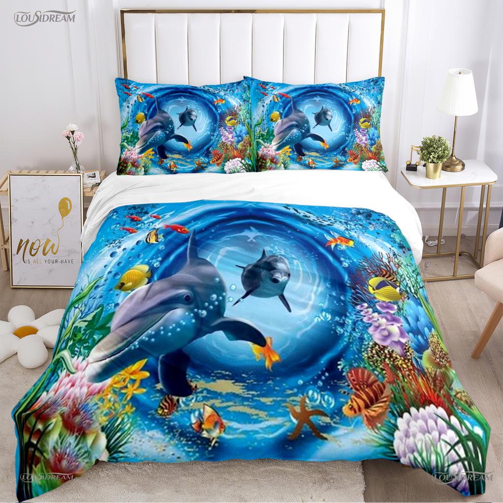 3D Ocean World Dolphin Whale Fish Duvet Cover Comforter Beding Set Soft Quilt Cover and Pillowcase for Single/Double/Queen/King