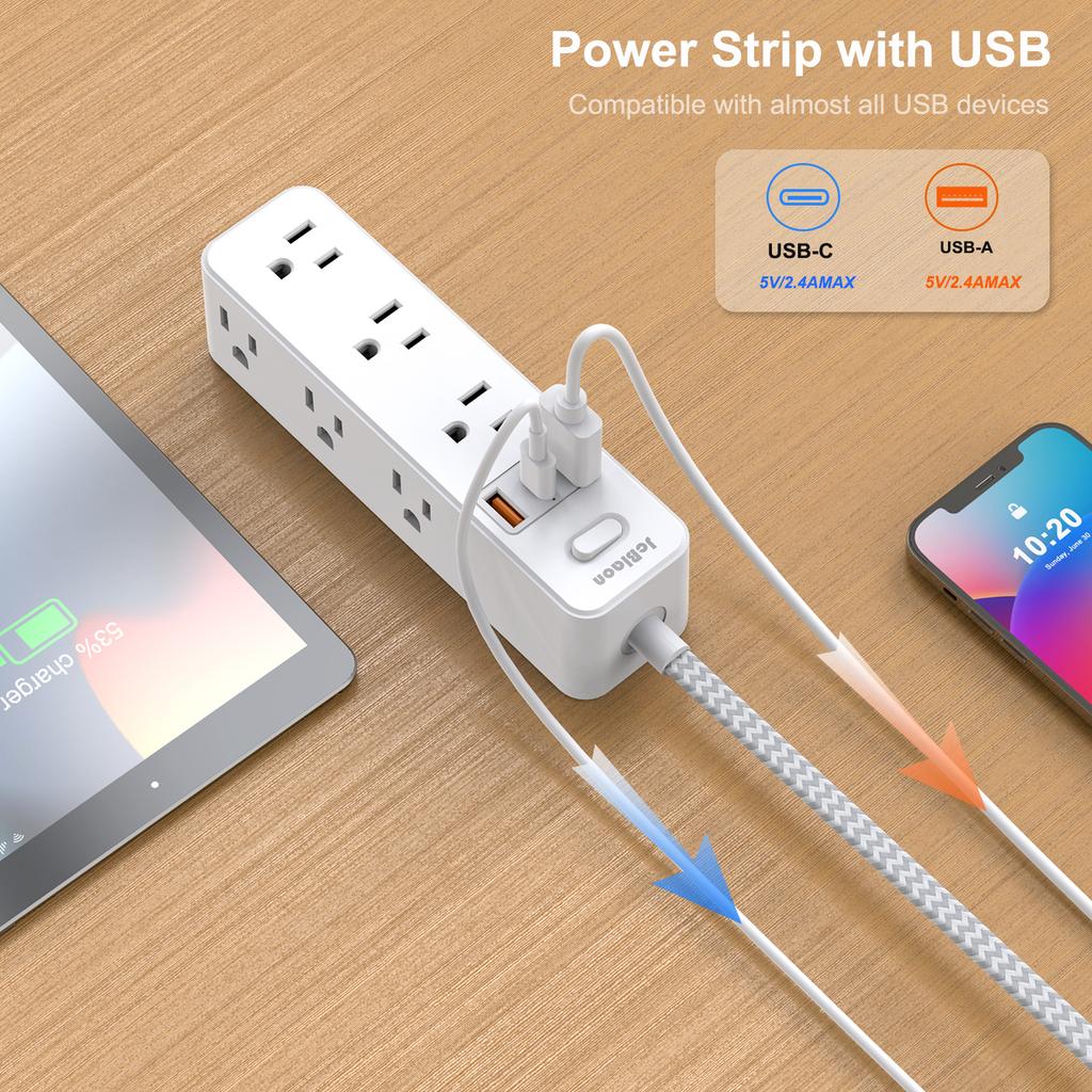 3-sided 9 AC Outlets US Plug Multitap Socket Extension Cord Electrical Power Strip with USB Type C Fast Charging Network Filter