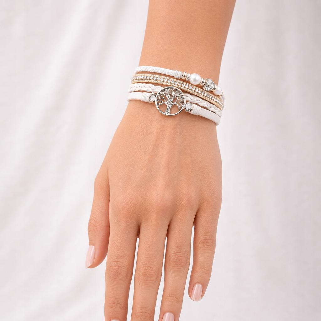 Women' Leather Bracelet Tree of Happiness White with Rhinestones as a Gift